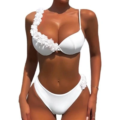 Kadınlar yeni seksi düz renkli bikini plaj üçgen mayo 3d çiçek